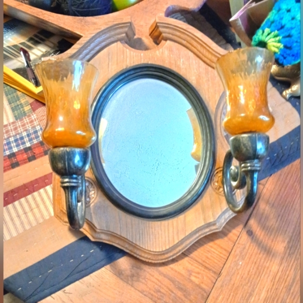 Vintage Syroco Wall Mirror with Amber Glass Sconces